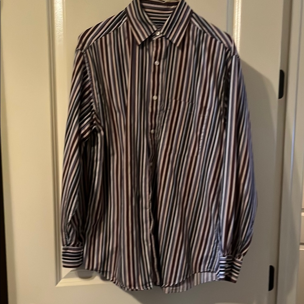 Roundtree & Yorke Striped Men's LS Shirt - Dk Gray, Maroon, Tan, Sz M
